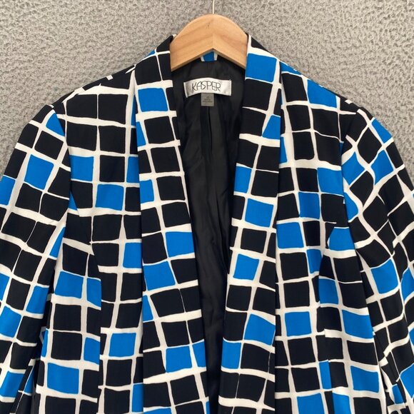 Kasper Blazer Womens 10 Blue Black Pattern Stretch 3/4 Sleeve Shawl Lapel Jacket - Picture 2 of 10